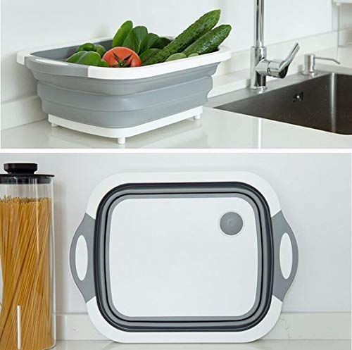 VARFAS SiliconeBased Foldable Multi Purpose 3 in 1 Collapsible Chopping Board Wash Strain Drain Dish Sink Basket Tub Portable Folding Meat Vegetable Cutting Pad Kitchen (Grey & White) (Grey & White)