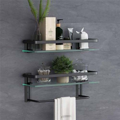 La mejor selección de Muebles de baño , tabla con los diez mejores. 48 Tofaney Repisas para Baño Vidrio Repisas Flotantes De Pared Barra de La Toalla Estante Organizador Baño A Prueba de óxido Cristal Negro 2 Unidades