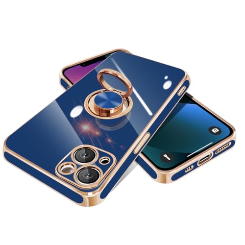 【FULEEYUHN】iPhone 13 ケース リング付き アイフォン 13 リング カバー 耐衝撃 TPU レンズ保護 衝撃吸収 360°回転 スタンド機能 車載ホルダー対応 ストラップホール付き メッキ加工 人気 いphone 13 ケース 6.1インチ(ブルー)