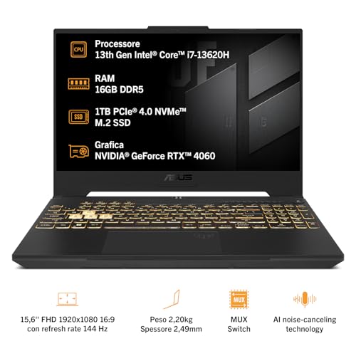 TUF Gaming F15 FX507VV#B0CQ2RTBR1, Notebook con Monitor 15,6" FHD Antiglare, 144Hz, Intel Core 13esima gen i7-13620H, RAM 16GB, 1TB SSD PCIE, NVIDIA GeForce RTX 4060 8GB, Windows 11 Home, Grigia - Notebook - Immagine 1
