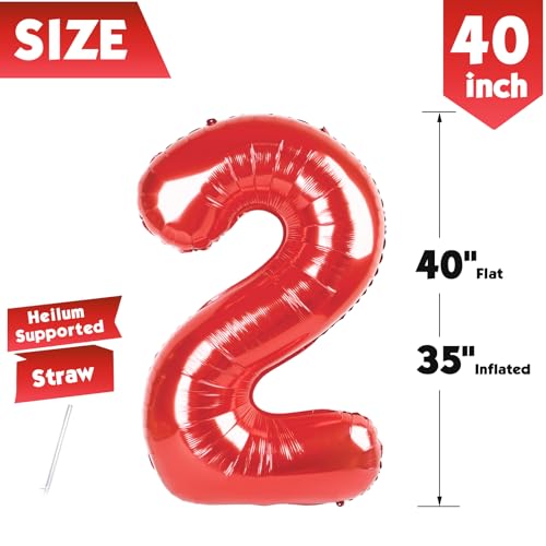 Image of 40 Inch Red Number 2 Balloon Birthday Party Decorations for Men & Women | 40 Inch Red inflatable foil number balloons, large birthday decorations for 2nd birthday