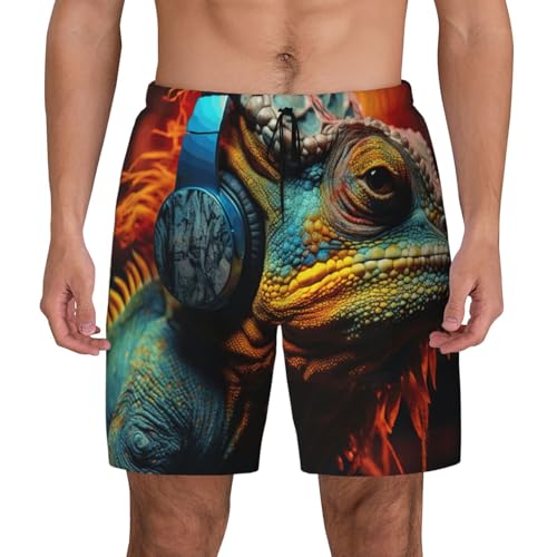 Chameleon Listen Music Print Men Stylish Functionality Swim Trunks Breathable Beach Shorts Surfing Gym Fishing
