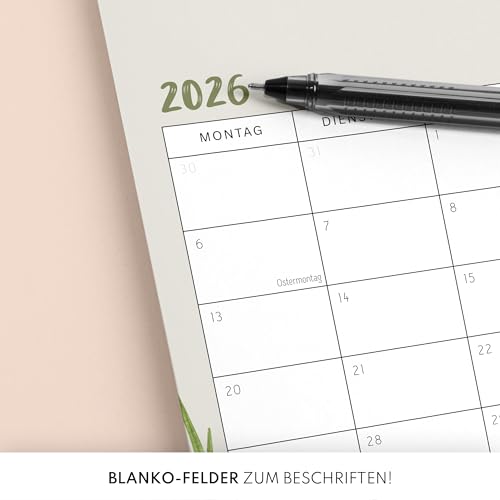 Kalender 2026 Wandkalender (Monatskalender im A4 Querformat) - Monatskalender 2026 für das ganze Jahr von Januar bis Dezember mit Ferienübersicht - Ideal als Paarkalender oder Familienplaner