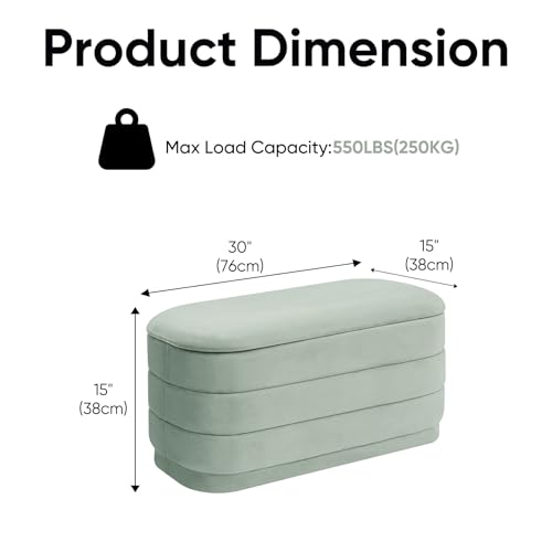 Image of 30 inch Velvet Storage Ottoman Bench with Wooden Tray Lid, Folding Large Upholstered Ottoman Footstool for Living Room, Rectangular Padded Foot Rest for Bedroom Living Room Dorm, Sage Green