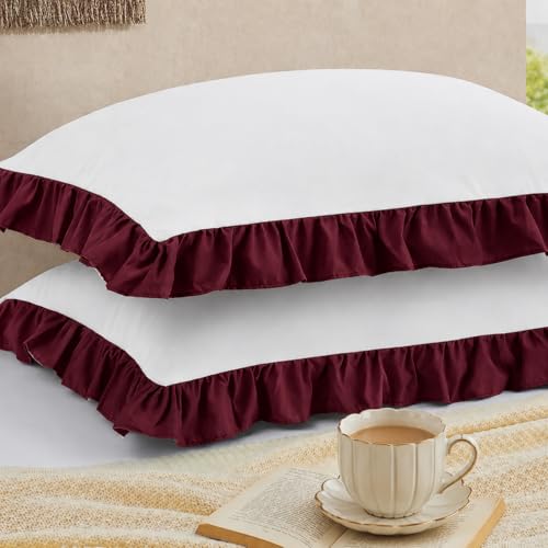 Image of Ruffled Pillow Cases Dule Tone Set of 2, Chocolate - Pillow Shams Brushed Microfiber Edge Ruffled Soft Pillow Cover with Envelope Closure for Bedding Decor 20 inch x 30 inch