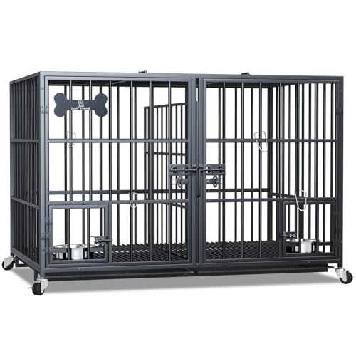aboxoo 48/42 inch XL Dog Crate for Large Dog/Double Medium Dogs,Heavy Duty Metal Dog Cages,All Metal Open Top,Dog Kennel Indoor with Wheels,Floor Grid, Tray, Divider and Feeding Bowl