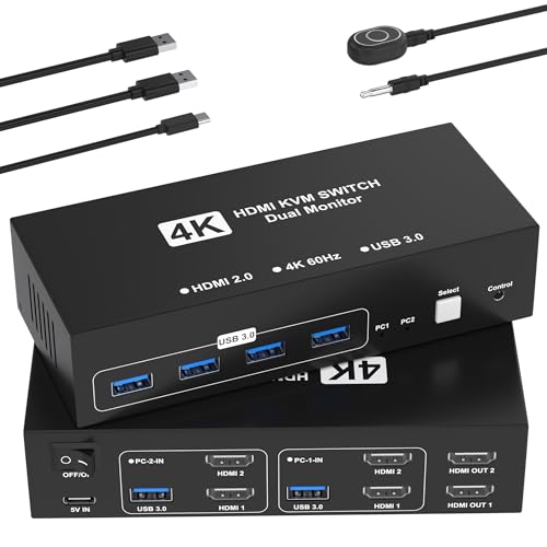 HDMI KVM Switch 2 Monitors 2 Computers, 4K@60Hz Dual Monitor KVM Switches USB Switch with 4 USB 3.0...
