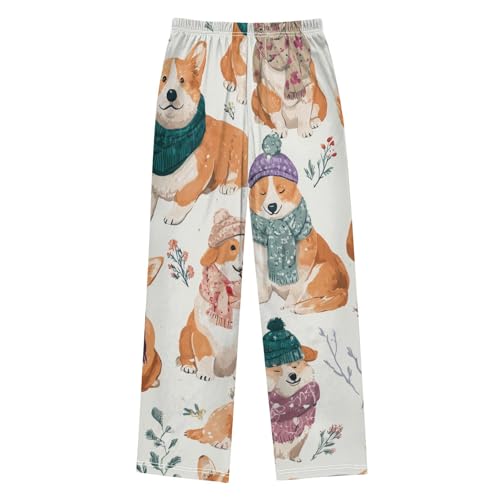 Corgi Dog and Winter Florals Boys Long Pants Soft Trousers Elastic Waist Kids Lounge Bottoms with Pockets S-XL2