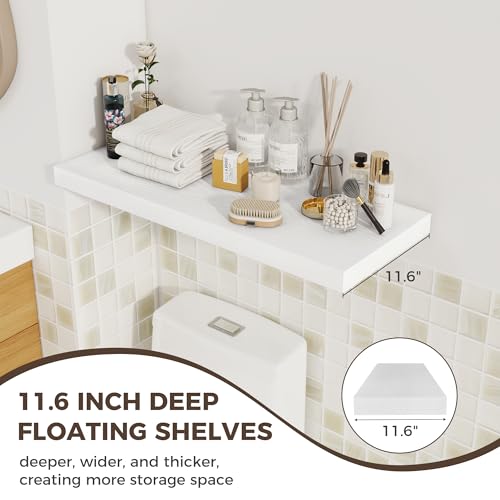 Image of Fun Memories 12 Deep Floating Shelves for Wall | 30W x 12D Large Floating Shelves | 2 Pack Storage Space Wall Mount Shelf for Living Room Bathroom Toilet Laundry Room Kitchen Home Office - White