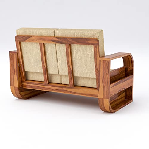 Image of Douceur Furnitures Solid Sheesham Wood 2 Seater Sofas | Two Seater Sofa for Living Room, Cafe, Office | (Honey Teak Cushion Beige)