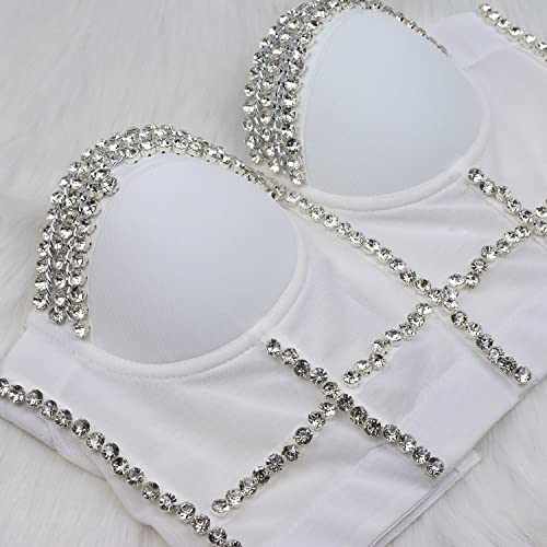 Ellacci Women's Diamond Chain Mesh Bustier Crop Top Push Up Corset Top Bralet White X-Small #TOP4