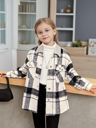 Girls Black Plaid Jacket Button Down Kids Long Sleeve Warm Fall Winter Coats Classic Lapel Collar Outerwear for 8-14Y3