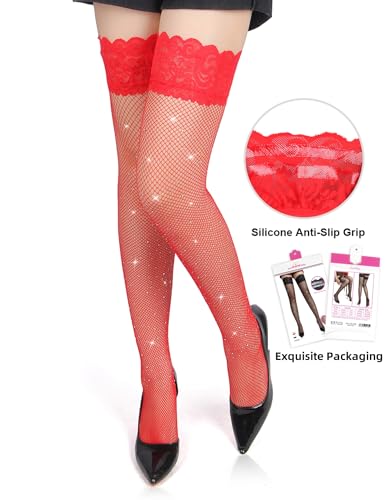 Image of Rhinestone Fishnets Thigh High Stockings Lace Sparkly Tights for Women Sexy Non Slip Pantyhose 4 Colors XS-5XL