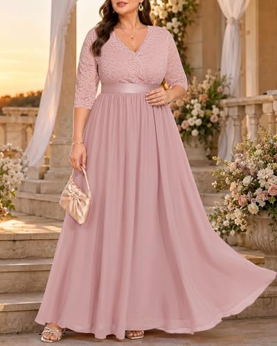Image of Pinup Fashion Wedding Dresses for Bride Plus Size - Formal Evening Gown Wrap Neck Lace Chiffon Long Dress