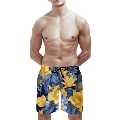 Men's Blue Base Yellow Floral Swim Trunks, Quick-Dry Beach Shorts, Bathing Suit with Mesh Lining and Pocket2