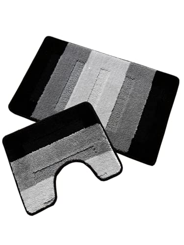 oKu-Tex Design Badematte Antirutsch Set 2 Teilig, rutschfest & waschbar, Badvorleger 50 x 80 cm für das Badezimmer, WC Vorleger mit Ausschnitt 40 x 50 cm, Schwarz, Grau, Gestreift
