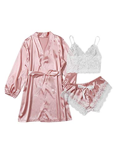 SheIn Women's Sheer Lace Bralette and Striped Shorts Pajama Lingerie Set with Robe Bright Pink Medium