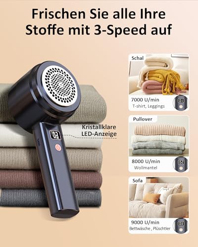 2000mAh Fusselrasierer Elektrisch Tragbarer Stoffrasierer,Einstellbare 3 Geschwindigkeit,6-Blatt-Klingen,LED-Anzeige Fusselentferner Type-C-Ladekabel Fuselrasier für Verschiedene Stoffe,Kleidung,Möbel