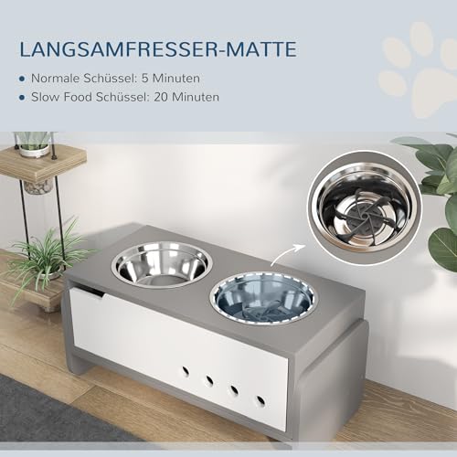 PawHut Erhöhter Hundenapf Höhenverstellbar Futternapf mit Stauraum Wassernapf 2 x 2000ml Edelstahlnäpfen Langsamfutternapf verstellbar Fressnapf Futterstation für Große Hunde Katzen Grau