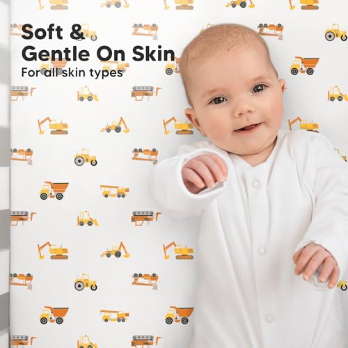 Image of 2pk Organic Cotton Crib Sheets for Boy Girl 52x28 (Construction) | Fitted Crib Mattress Sheet Neutral, Breathable Cover for Baby Bed Set, Toddler Mattress, Soft & Cute Prints