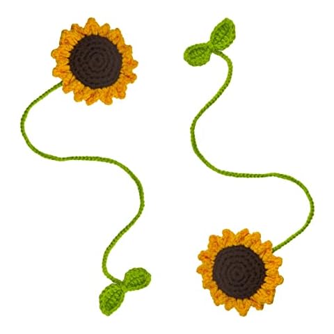 Refintural 2 pieces Handmade Cute Sunflower Crochet Car Rearview Mirror Hanging Accessory - Aesthetic Car Pendant Flower Decoration Sunflower Hand Knitted Car Pendant Cover
