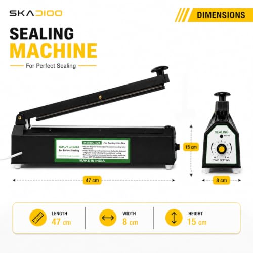 Image of SKADIOO Sealing Machine for Food Packets | 16 Inch Black Metal Body Heat Sealer with Adjustable 8 Level Timer Control | Hand Press Packet Sealer Machine for Plastic Bags, PE & PP Bags, Home & Shop Use