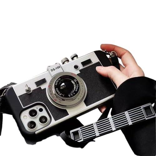 Image of Retro Camera Design Phone Case with Neck Strap for iPhone 13 Pro, Vintage Style Protective Cover, Grey (iPhone 16 pro)