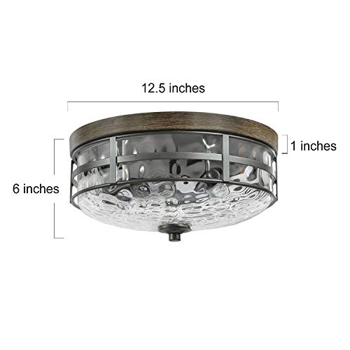 Optimant Lighting Farmhouse Flush Mount Ceiling Light, Water Ripple Glass Light Fixtures With Faux Wood And Black Finish For Hallway, Bedroom, Kitchen, Foyer And Dining Room #TOP3