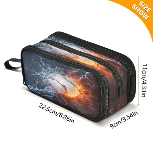 Image of Baseball Ball in Fire and Water Pencil Case 3 Compartment Pen Bag Pouch Holder Box School Portable Stationery Storage Bag for Girls Boys