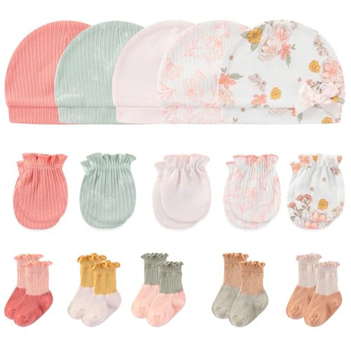 Image of MAMIMAKA Newborn Baby Boy Girl Caps Mittens Socks Set Cotton Baby Essentials Accessories (Hats+Gloves+Socks)