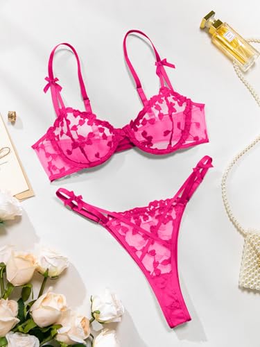 Image of Lilosy Sexy Underwire Cute Push Up Strappy Embroidered Mesh Sheer Lingerie Set See Through Panty Bra