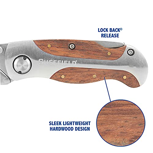 Sheffield 12115 Ultimate Lock Back Utility Knife, Folding, Box Cutter Knife, Carpet Knife, Drywall Cutter, And More, Quick-Change Blade, Back Lock Design, Aluminum & Wood Handle #TOP4