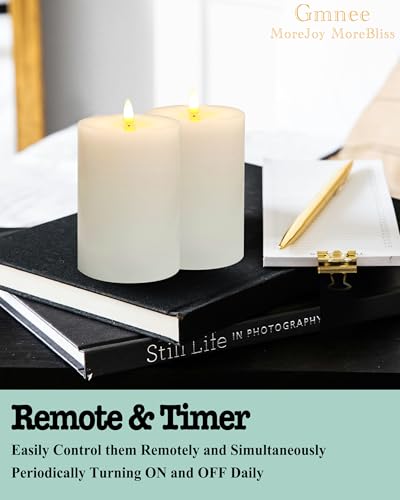 Image of Gmnee 4 inchx6 inch Flickering Flameless Candles with Remote Timer, Real Wax, White | 2 Pack 4 inch Diameter Extra-Large Pillar Candles, LED Candles, Battery Operated Candles for Table and Fireplace Decor (H 6 inch)