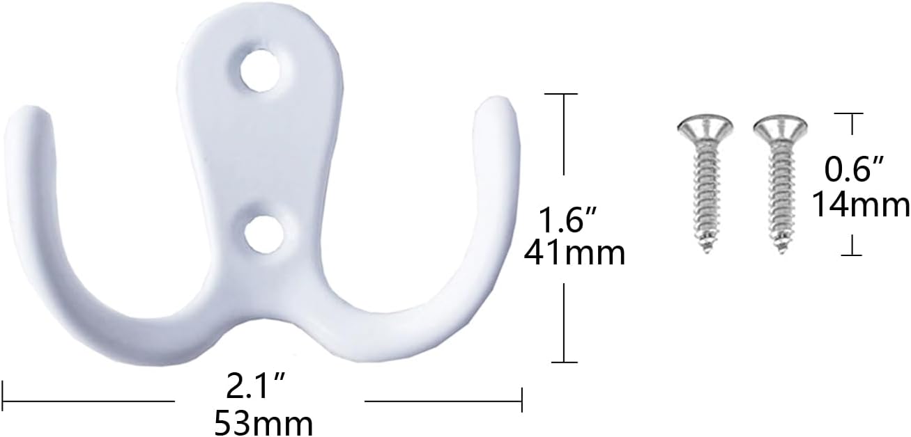 2 Pcs Double Prong Robe Hooks, Dual Coat Hooks Wall Mounted Hanging Clothes for Bathroom Bedroom Door Wall Retro Metal Cloth Hanger Double Coat Hooks with 4 Screws (White)