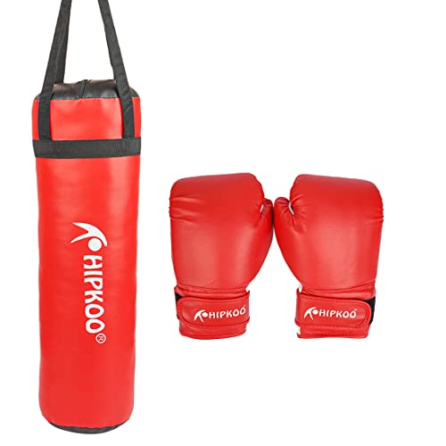 Image of Hipkoo Sports Boxing Combo Set | 1 Unfilled Punching Bag (3 ft) and 2 Boxing Gloves | Ideal for Men & Women for Boxing Training Gloves & Bag, MMA, Kickboxing and Sparring (Red)
