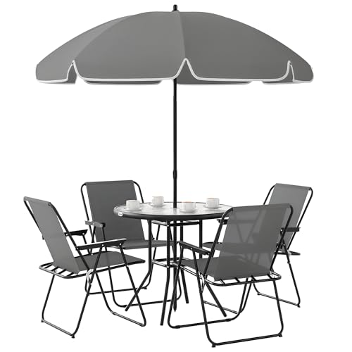 Outsunny 6 Pieces Patio Dining Set for 4, Outdoor Patio Set with Umbrella, Folding Chairs and Glass Table, Patio Furniture Dining Table Set for Garden Backyard Deck, Grey