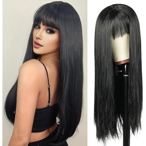 QUEENTAS 25'' Long Black Wig with Bangs Straight Wigs for Women Natural Synthetic Long Hair Glueless Wig Cover