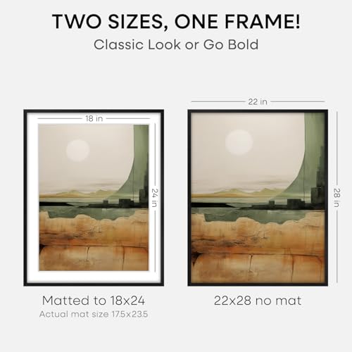 Image of Homeforia 22x28 Poster Frame Black, High End Oak Wooden Picture Frame 22x28 with Mat 18x24, Tempered Glass, Wall Hook Included, Set of 1
