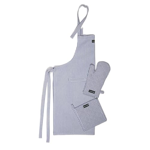Image of Encasa XO 100% Cotton Apron Set for Women & Men with Adjustable Apron, Oven Gloves & Pot Holder (Pack of 3) Combo, Heat-Resistant, Soft & Durable for Cooking, Baking & Grilling (Ticking Navy Blue)