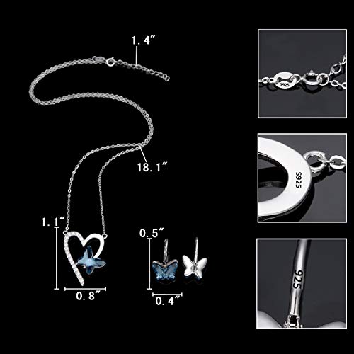 EleQueen 925 Sterling Silver Love Heart Butterfly Pendant Necklace Stud Earrings Ring Sets Made with Crystals, Valentine's Day/Mother's Day/Christmas Jewelry Gift for Wife/Mom4
