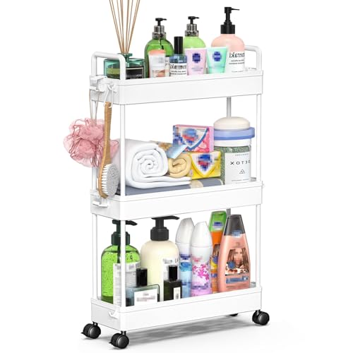 TATIU キッチンワゴン キャスター付き 隙間収納 13cm ワゴン スリム 3段 洗面所 収納 ハンドル2個付き ペットボトル 調味料 小物 スリムラック キッチン 洗面台 トイレ バスルーム 冷蔵庫横 ホワイト