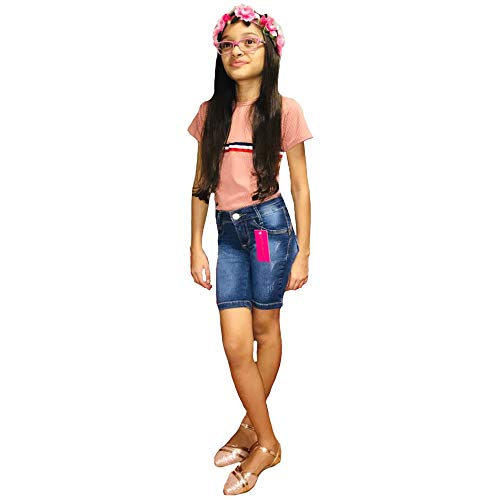 Bermuda Jeans Com Licra Infanto Juvenil Feminina  (Azul Estourado, 12 Anos)