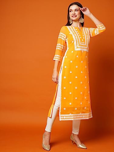 Image of ANNI Designer Women's Cotton Straight Fit Straight Viscose Chikankari Embroidered Kurta
