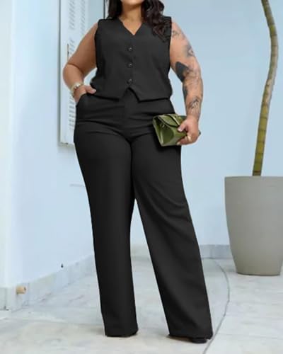 Women's Plus Size Pant Suits 2 Piece Outfits Button Vest Blazer Pockets Wide Leg Pants Sets Casual Pantsuits4