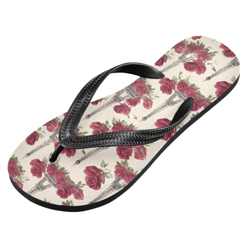 ALAZA Eiffe Tower Beautiful Rose Flip Flops for Women Fashion Beach Slippers Comfort Mens Flip Flops Non-Slip Rubber Shower Slippers Sandal for Hotel Travel Sport,XS2