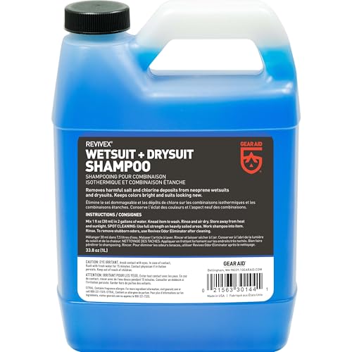 GEAR AID Wetsuit, Drysuit Cleaner and Conditioner – Wash Away Salt, Chlorine, and Residue with Concentrated Shampoo, Keeps Gear Fresh, Durable, and Ready for Use, 1 Liter (33.8 fl oz)