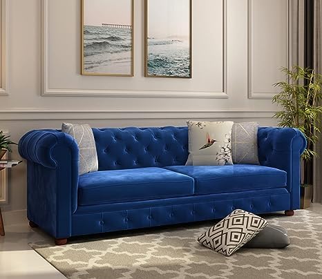 Image of Solid Wood Velvet Fabric L Shape Sofa Sofa for Living Room Button Tufted Sofa Chair for Home & Office (Left Aligned L-Shaped (3 Seater Blue)