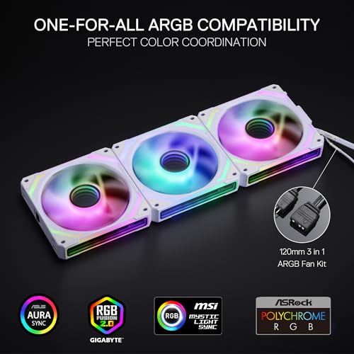 Redragon GCF012 Reverse 120mm PC Case Fan, Daisy-Chain Connection, 5V 3Pin ARGB Lighting, 4 Pin PWM Case Fan, for Radiator/Computer Case Cooling, 120x120x25mm, 3 Pack, White