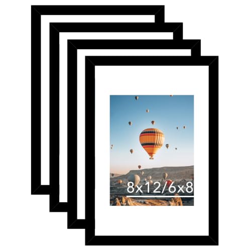 Image of JCJMY 8x12 Picture Frame Set of 4 with 6x8 Mat, Black 8 x 12 Photo Frames with Shatter Resistant Plexiglass, Display 6 x 8 with Mat or 8 by 12 Without Mat, Sturdy Wall or Tabletop Frame, 4 Pack