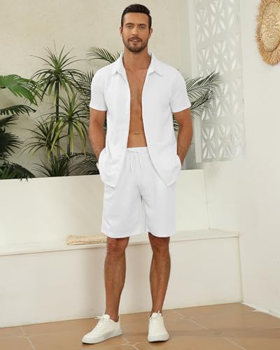 MLANM Men's 2 Piece Outfit Summer Short Sleeve Button Down Shirts and Shorts Sets with Pockets4